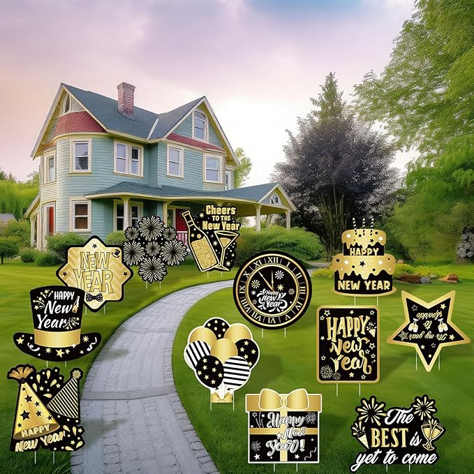 Amyhill 12 Pcs Happy New Year Outdoor Yard Decoration New Year Garden Lawn Signs with Stakes Holiday Waterproof Outdoor Decoration for Patio Lawn Walkway Party Decorations