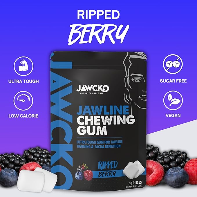 JAWCKO Ultra-Tough Jawline Chewing Gum | Get a Stronger, Squarer Jawline | Ripped Berry Jaw Training Hard Gum | 15X Strength | Chisel, Sculpt, Tone your Jaw | Facial Fitness Mewing Gum | 40 Pieces/Pack