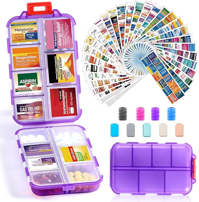 14 Grids Travel Pill Organizer Box with 415-Pcs Medicine Name Labels, Pocket Daily Pharmacy Case Container, Travel Medication Holder Dispenser Kit for Fish Oil Vitamin Supplement Storage -Clear Purple