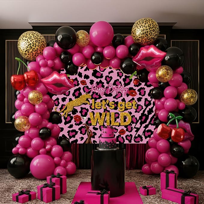Hot Pink and Black Balloons Arch Kit Cherry Birthday Decorations with Background cloth Foil Cheetah Print lips Cheetah Balloons for Baby Shower Bachelorette Party Decorations