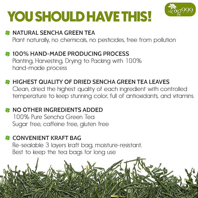 TOG999, Premium 120 Sencha Green Tea Bags, 100% Natural & Pure from Sencha Green Tea Leaves. Loose Leaf Sencha Herbal Tea. No Sugar, No Gluten, Vegan.