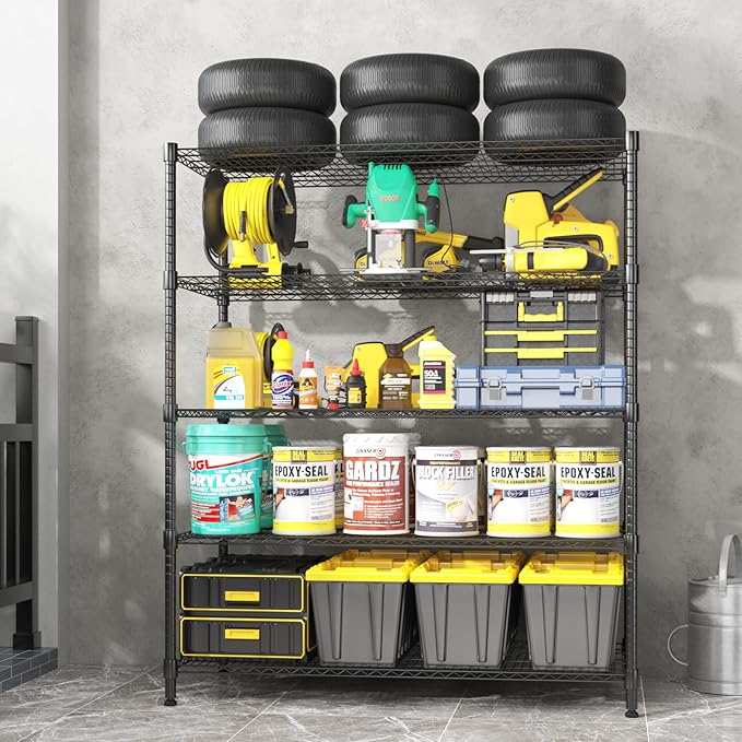 Homdox Heavy Duty Storage Shelves, 5 Tier Wire Shelving Unit with Wheels, Commercial Adjustable Metal Shelves for Storage, Garage Rack Pantry Shelves Kitchen Shelving, 24"x48"x82", Black