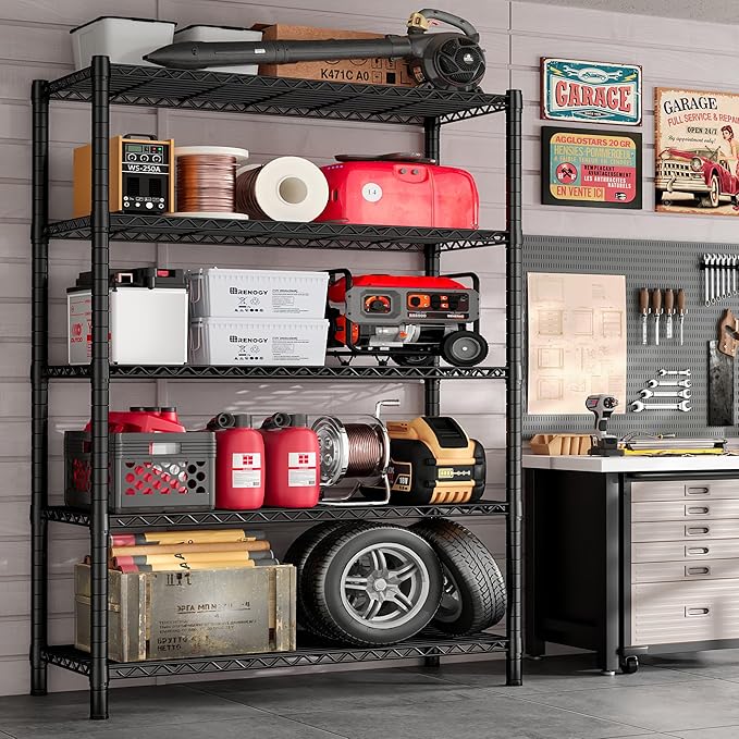 REIBII Storage Shelves Load 1980LBS,5 Tier Metal Shelving Unit with Wheels,Adjustable Garage Shelving Wire Shelves Commercial Shelf for Garage Pantry Kitchen,76''HX36''WX16''D Black