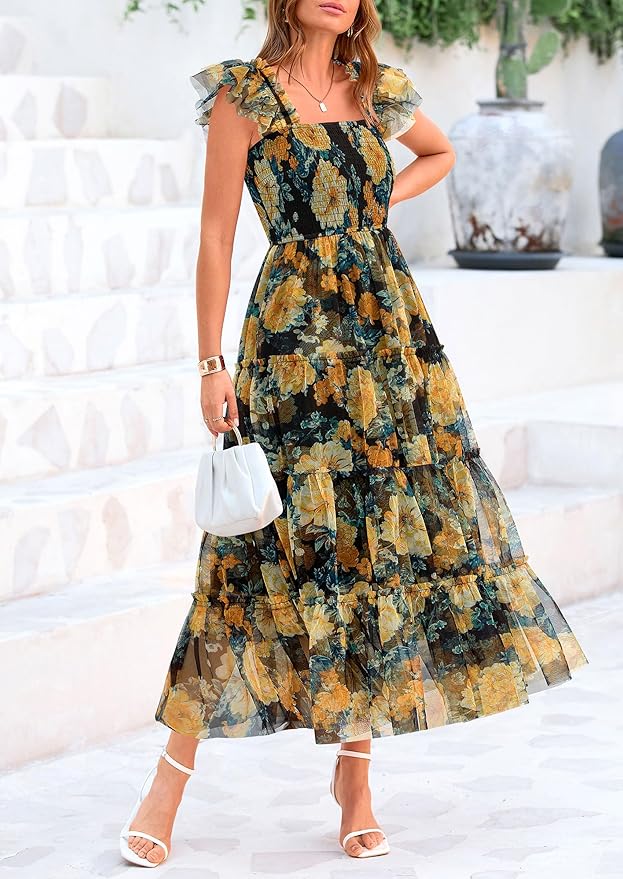 PRETTYGARDEN Women's Summer Tulle Midi Dress Sleeveless Smocked Ruffle Flowy Mesh Dresses Party Wedding Guest Sundress