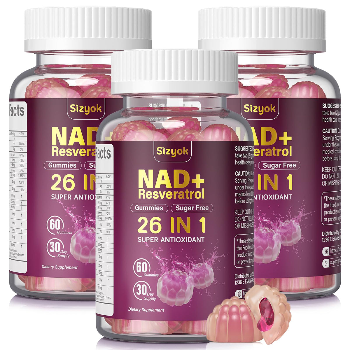 NAD Resveratrol Gummies, NAD supplements for Women with Hydrolyzed Collagen, Grape Seed, and D-Biotin Support Antioxidant Action, Anti-Aging, Cell Regeneration & Energy, Sugar-Free, 60 Gummies, 3 Pack
