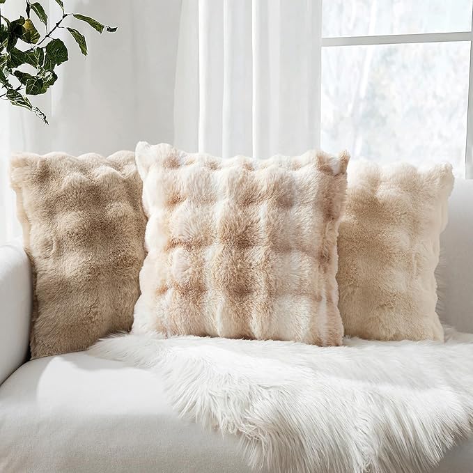 MIULEE Faux Fur Pillow Covers Thick Soft Plush Lumbar Throw Pillows Luxury Home Decor for Couch Bed Bedroom Living Room Sofa,12x20 Inch Pack of 2 White-Beige