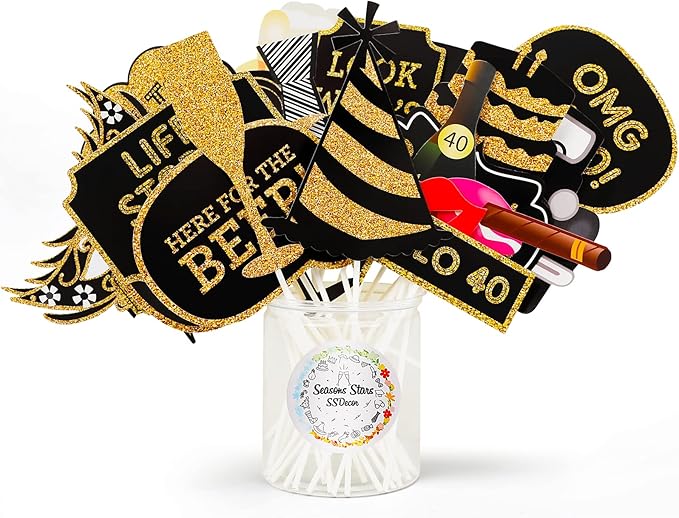 40th Birthday Photo Booth Props - 41 Pcs Black and Gold Decor, Funny Milestone Party Supplies for Men & Women, Retro 1986 Theme Selfie Station Accessories for Surprise Party, 40th Celebration Bash