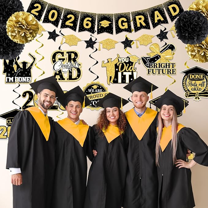 Black and Gold Graduation Decorations, 2026 Grad Banner and Congrats Grad Hanging Swirls, Black and Gold Graduation Banner Graduations Hanging Swirls College Graduations Party Decoration Class of 2026