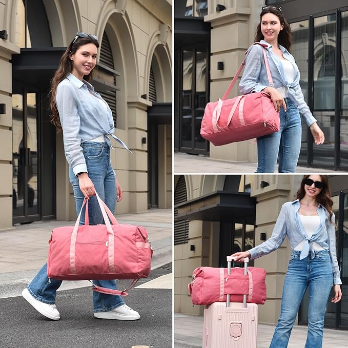 Carry on luaggage 22x14x9 Airlines Approved, Foldable Travel Duffel Bags Weekender Overnight Carry on Duffel Luggage Gym Duffle Bag with Wet Pocket & Shoe Compartment for Women Men(Pink, 40L)