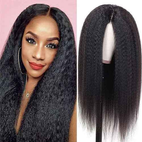 BLISSHAIR Yaki Kinky Straight Wigs Human Hair 13x4 Lace Frontal Wig Bob Wigs Human Hair Pre Plucked Density 100% Unprocessed Brazilian Hair Glueless Wigs for Women Natural Color (16Inch)