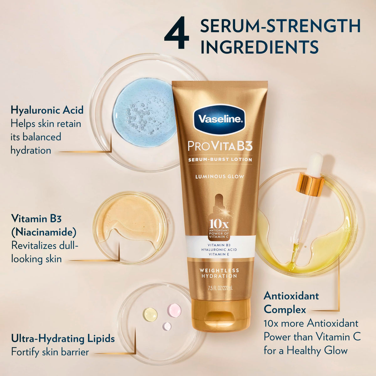 Vaseline Pro VitaB3 Skin Care Serum Burst for Healthy, Glowing Skin Luminous Glow & Supple & Soft 10x Antioxidant Power of Vitamin C with Vitamin B3, Hyaluronic Acid 7.5 fl oz 2Pk