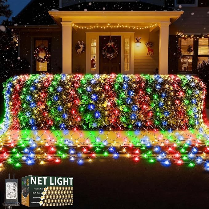 LitHome 14.8FT x 5FT Led Christmas Net Lights Outdoor, 300 LED Multicolor Christmas Net Lights for Bushes Connectable, 8 Modes Colorful Giant Mesh Light Green Wire for Yard, Garden, Party, Tree Decor