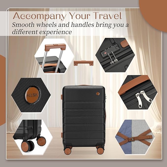 Hulsin Carry on Luggage Suitcase, 22x14x9 Airline Approved 20 Inch Hardside Carry-on Luggage with Spinner Wheels, Hard Shell Luggage with TSA Lock, Hard Case Small Travel Suitcase (Black, 20-Inch)