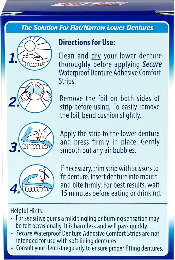Secure Denture Adhesive Strips – Zinc Free – Waterproof – Comfortable Cushion Fit for Lowers – Extra Firm All-Day-Hold – No Mess – Clean Ingredients - 30 Strips (2 Pack)