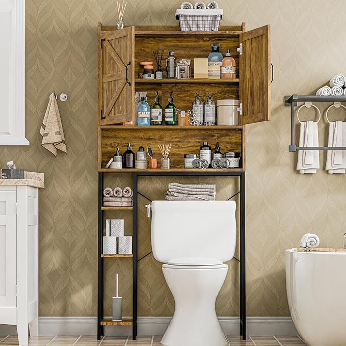Vabches Over The Toilet Storage Cabinet, Farmhouse Storage Cabinet Over Toilet with Barn Doors & Toilet Paper Holder Stand，Home Space-Saving Toilet Rack, for Restroom, Laundry and Bathroom