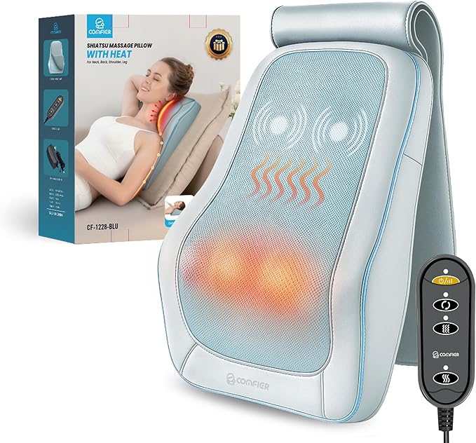 COMFIER Shiatsu Back Massager with Heat & Vibration, 3D Deep Kneading Back Massage for Pain Relief, Home Office Use,Gift for Her/Him,Blue