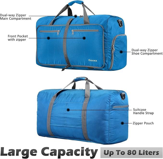 Gonex 40L 60L 80L 100L 150L Large Foldable Travel Duffle Bag with Shoes Compartment, Packable Lightweight Water Repellent Duffel Bag for Camping Gym Weekender Bag