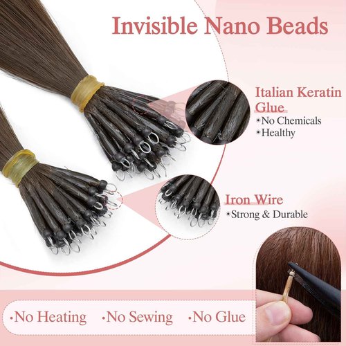 SEGO Pro 50pcs Nano Beads Hair Extensions Straight Nano Beads For Hair Pre-Bonded Seamless Nano Tip Real Human Hair，20Inch Dark Brown,50g