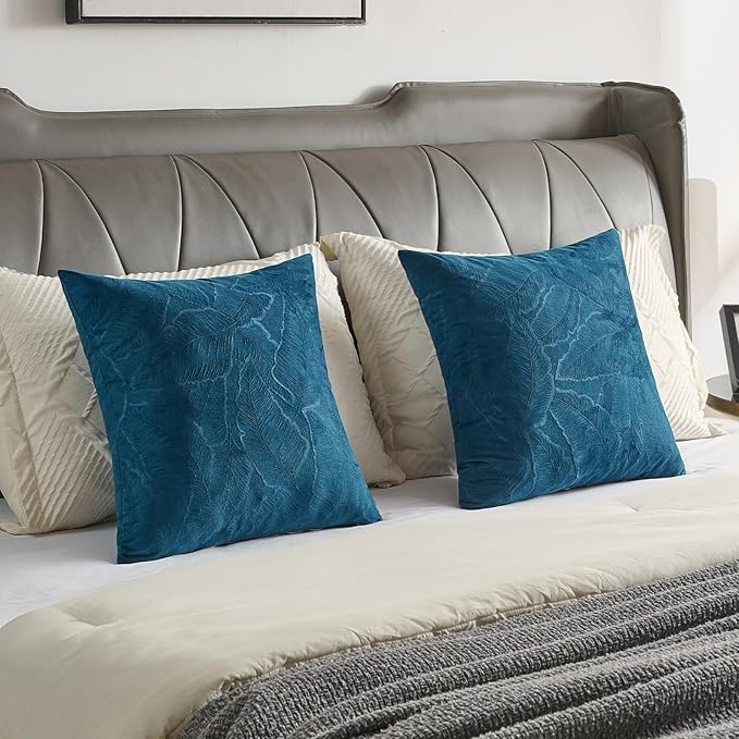 FUTEI Navy Blue Velvet Throw Pillow Covers 22x22 Inch Set of 2,Soft Embossed Leaf-Relief Textured Cushion Cases,Natural Home Decor for Couch Living Room