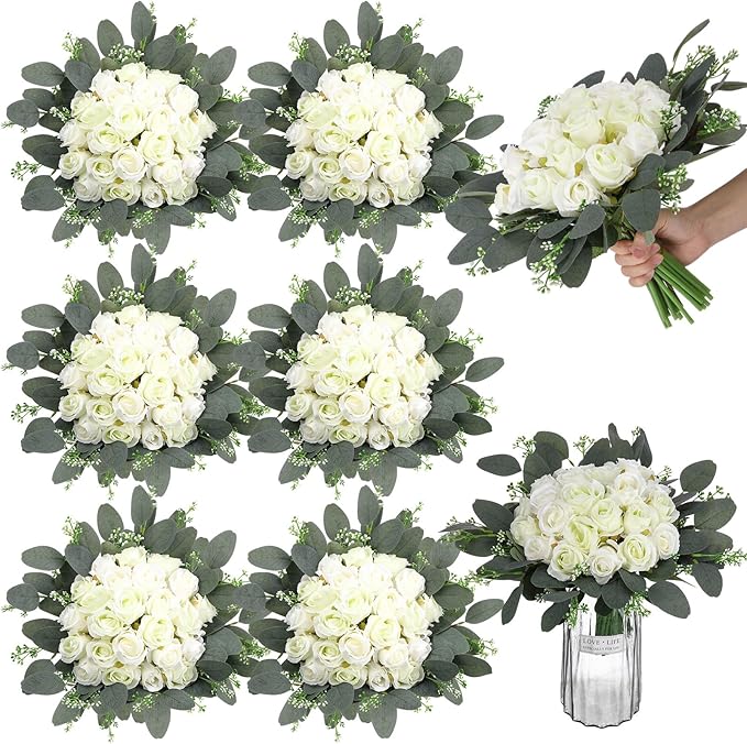 Zeyune 12 Bunches Wedding Bridesmaids Bouquets 144 Heads 7 Inch Artificial Rose Bouquets Silk Fake Flower Bulk with Stems for Valentine's Day Wedding Bridal Shower Home Party Decor(White Green)