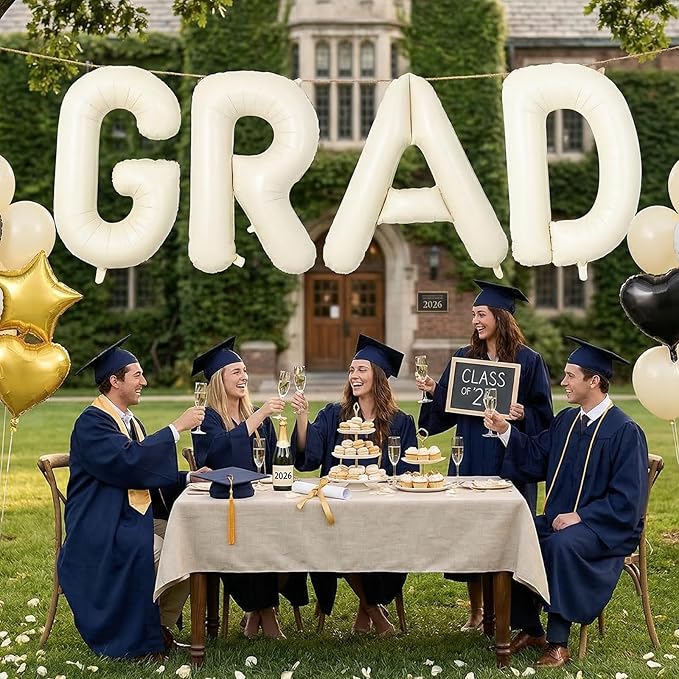 Biapian 40 Inch GRAD Balloons, Cream Letter Balloon, Beige Graduation Decorations, Large Banner With White Ribbon for Class of 2024 Party