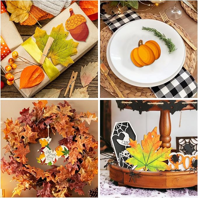 36PCS Wooden Fall Ornaments to Paint Thanksgiving Decorations, 6 Styles DIY Blank Autumn Unfinished Wood Maple Leaves Turkey Pumpkin Halloween Cutouts Ornament for Crafts Birthday Party Gifts Hanging