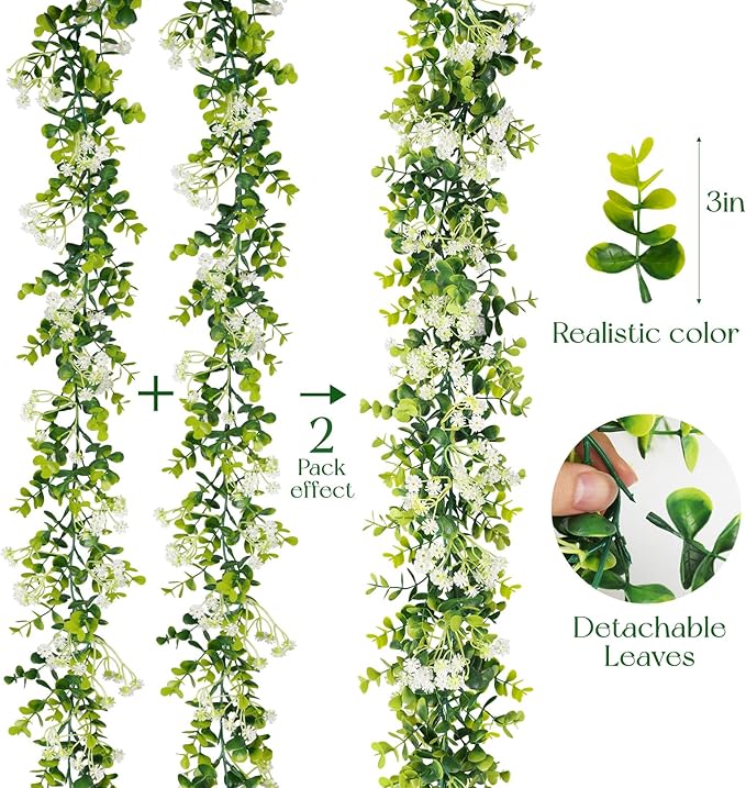 6FT Eucalyptus Garland with Flowers, 6 Pack Artificial Greenery Garland Hanging Spring Eucalyptus Garland Suitable for Table Wedding Backdrop Arch Wall Party UV Protected Indoor Outdoor Decor