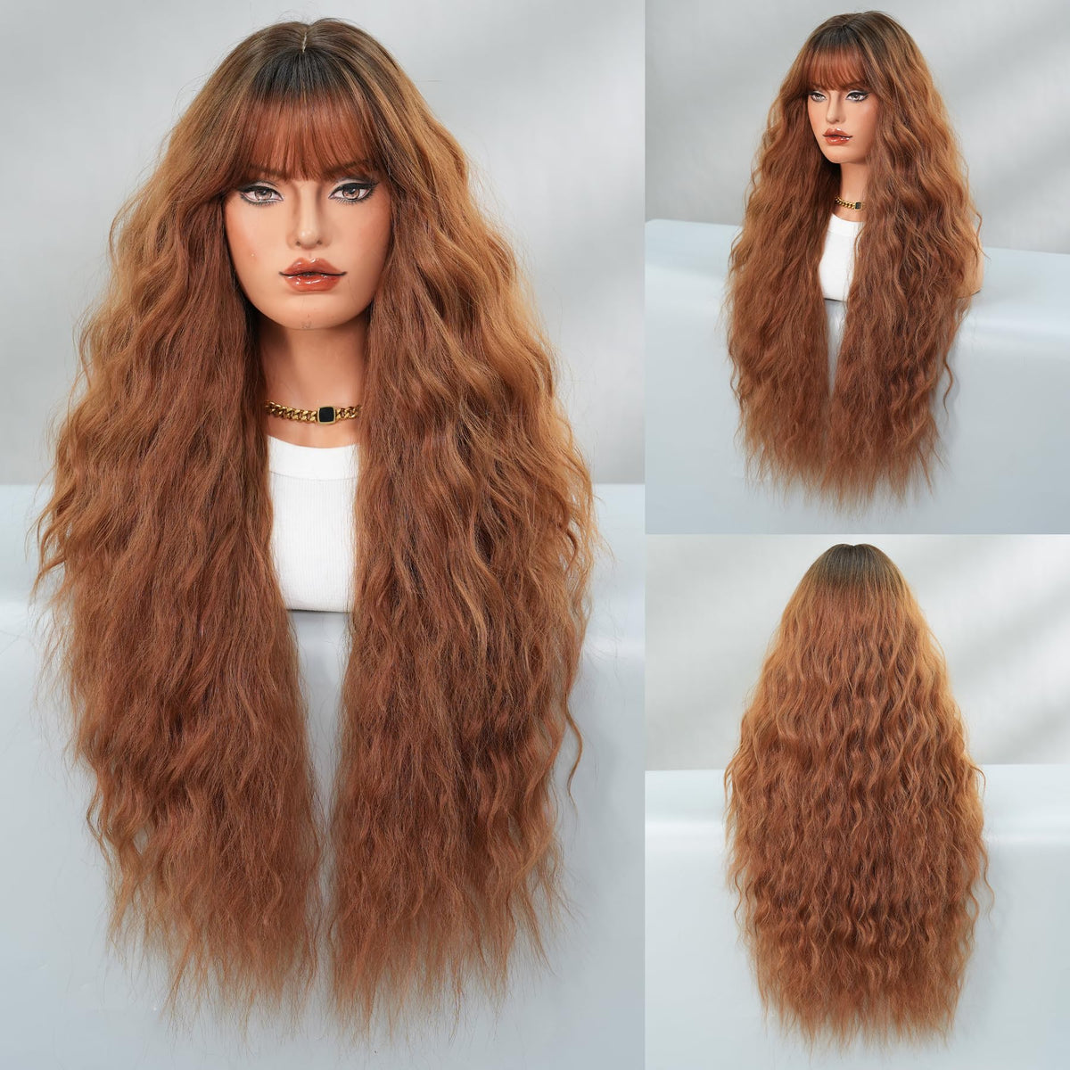 PARK YUN 33In Auburn Brown Curly Wig with Bangs Chestnut Red Heat-Resistant Synthetic Wig Natural Looking Wigs for Daily Use Cosplay Party Gifts for Women