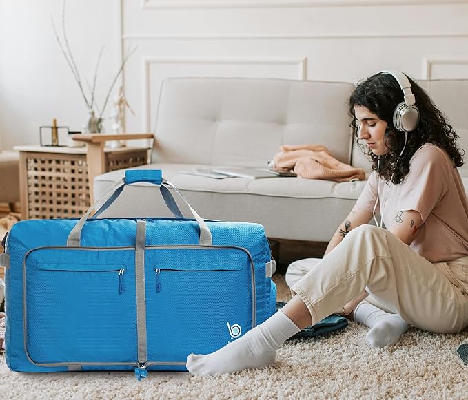 Bago Large Foldable Duffel Bags for Traveling Women & Men - 120L Packable Duffle Bag for Travel with Shoe Compartment - Water Repellant, Heavy Duty, Lightweight Folding & Collapsible (Blue)