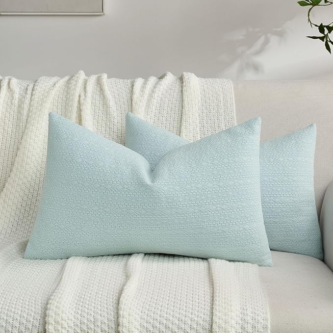 FUTEI Light Blue Chenille Throw Pillow Covers 12x20 Inch Set of 2,Soft Striped & Diamond Textured Lumbar Pillow Cases,Modern Home Decor for Couch Living Room