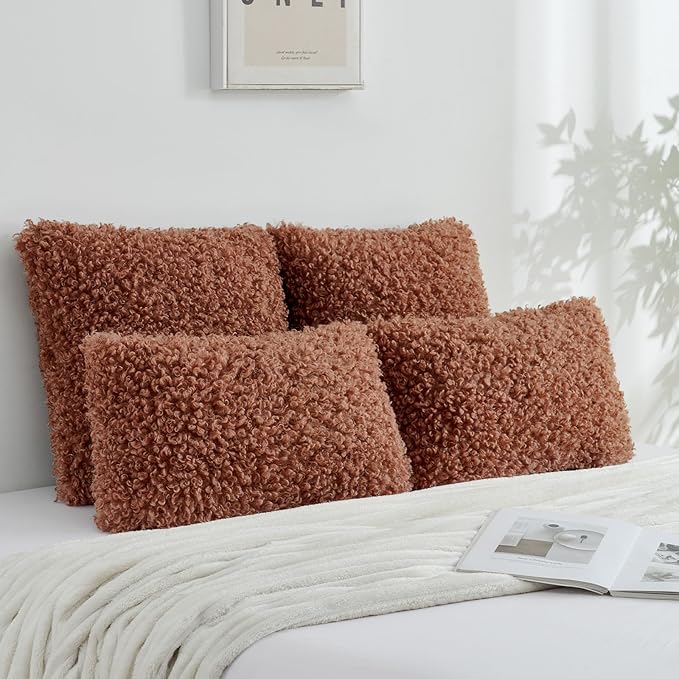 FUTEI Rust Decorative Throw Pillow Covers 24x24 Inch Set of 2,Soft Fluffy Faux Wool Fur Boucle Textured European Cushion Case,Modern Home Decor for Couch Bed Living Room Office