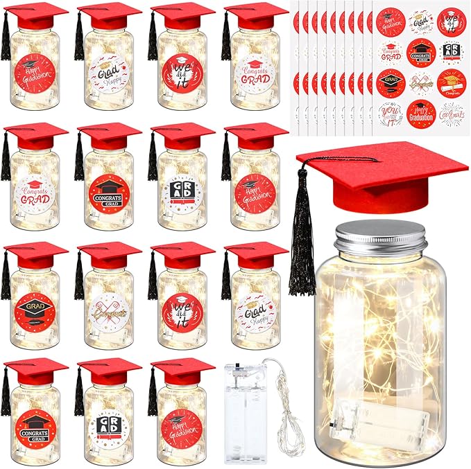 Boao 16 Sets Graduation Table Decoration Set with LED Light up Graduation Decorations for Class of 2026, Grad Jar, Felt Grad Hat and Stickers for High School College(Red,Vivid)