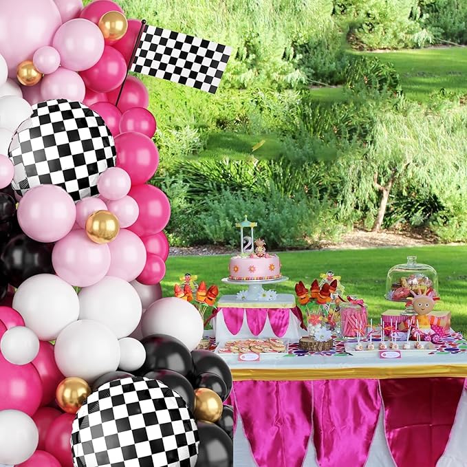 FunHot Pink Race Car Balloon Arch Garland Kit, Hot Pink Black Balloons Arch with Black and White Plaid Foil Balloons for Racing Car Theme Birthday Party Decorations