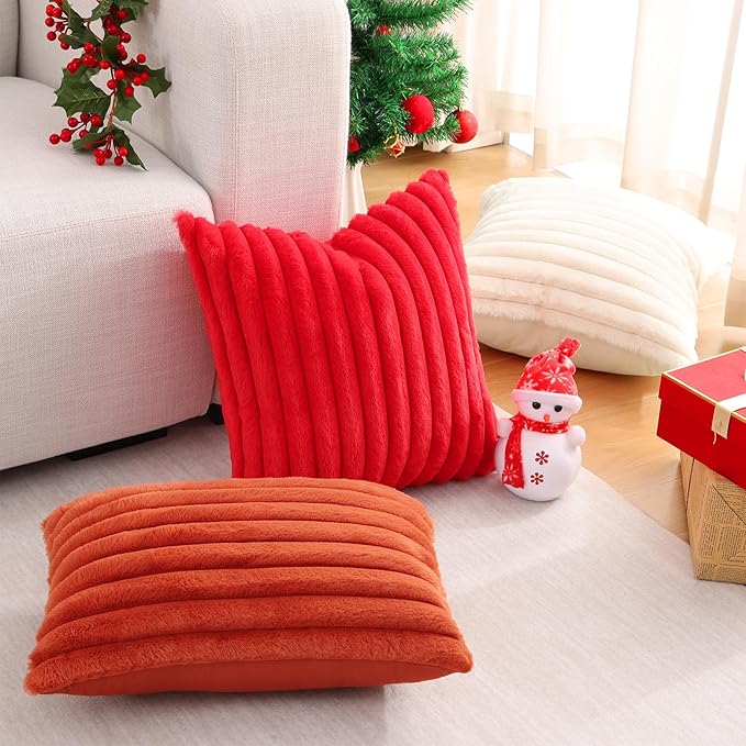 Pallene Faux Fur Plush Christmas Throw Pillow Covers 18x18 Set of 2, Luxury Soft Fluffy Striped Decorative Pillow Covers for Sofa, Couch, Living Room, Red