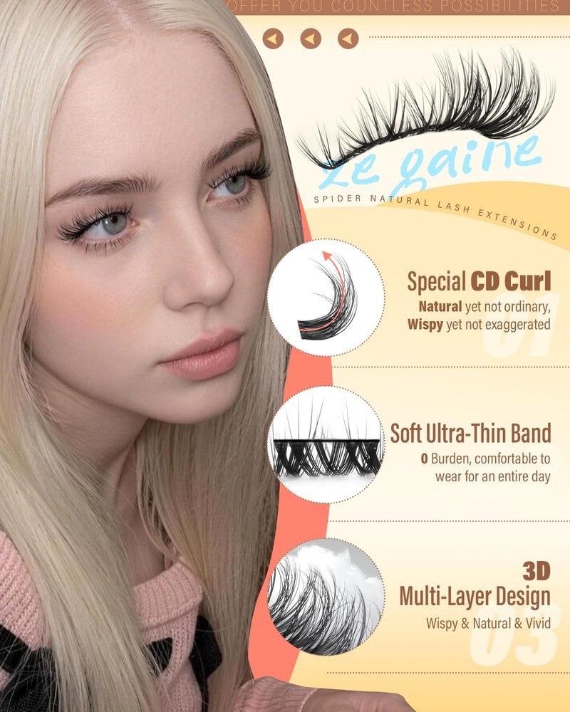 Spider Lashes Clusters Kit Natural Eyelash Clusters Kit Wispy Cluster Eyelash Extensions CD-Curly Breeze Cluster Lashes Kit Wispy Individual Lashes Kit With Lash Bond&Seal, Lash Tweezers by Zegaine