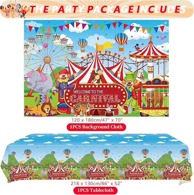 Carnival Party Decorations Circus Theme Birthday Party Supplies Including Carnival Backdrop Balloon, Red and White Stripe Tablecover, Centerpieces, cupcake topper for Circus Birthday Party