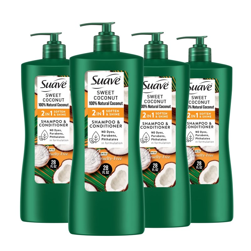 Suave Smooth & Shiny 2-in-1 Shampoo & Conditioner with Coconut Oil, Smoothness & Shine in One Step, No Parabens, Phthalates, or Dyes, 4 Pack, 28 FL OZ Each