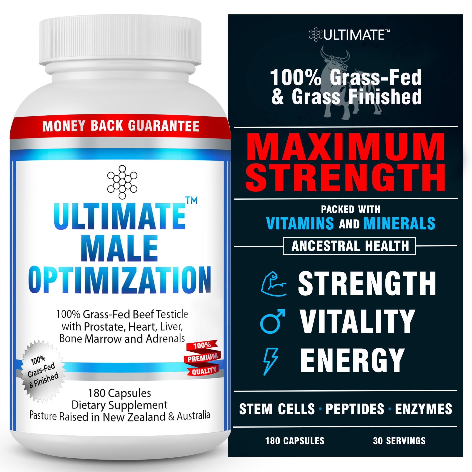 Ultimate Male Optimization 100% Grass Fed Beef Organ Supplement, Supports Test, Energy & Overall Men's Health & Wellness, Non-GMO Grass Fed Beef Organ Supplement with Liver, No Fillers 180 Capsules