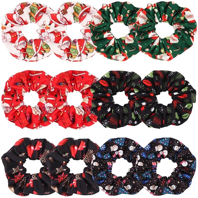 12PCS Christmas Hair Scrunchies for Women Girls Elastic Hair Ties Santa Claus Snowman Elk Bell Christmas Tree Snowflake Hair Accessories Christams Party Decor Gifts
