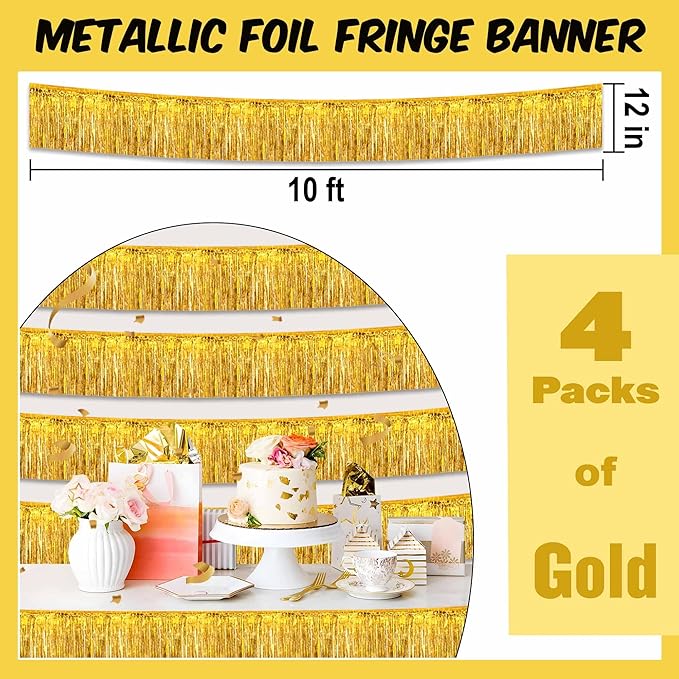 4 Pack 10 Ft Gold Foil Fringe Garland Metallic Streamers Tinsel Banner Wall Hanging Garland Backdrop for Parade Floats, Halloween, Christmas, Thanksgiving, New Year Party Decorations