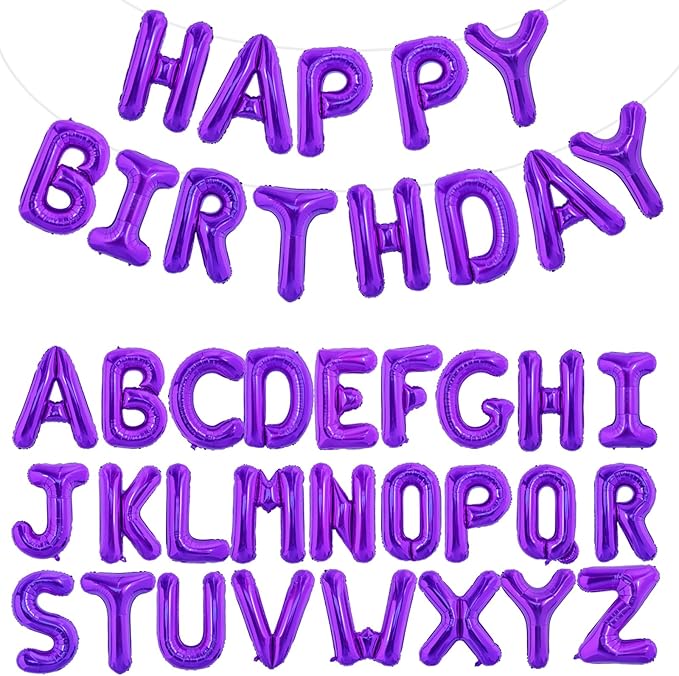 TONIFUL 65 Pcs Personalized Name Letter A-Z Balloons 16 Inch Purple Happy Birthday Balloon and 2 Sets A-Z Foil Letter Balloons Create Your Own Name Banner for Birthday Celebration Party Decorations