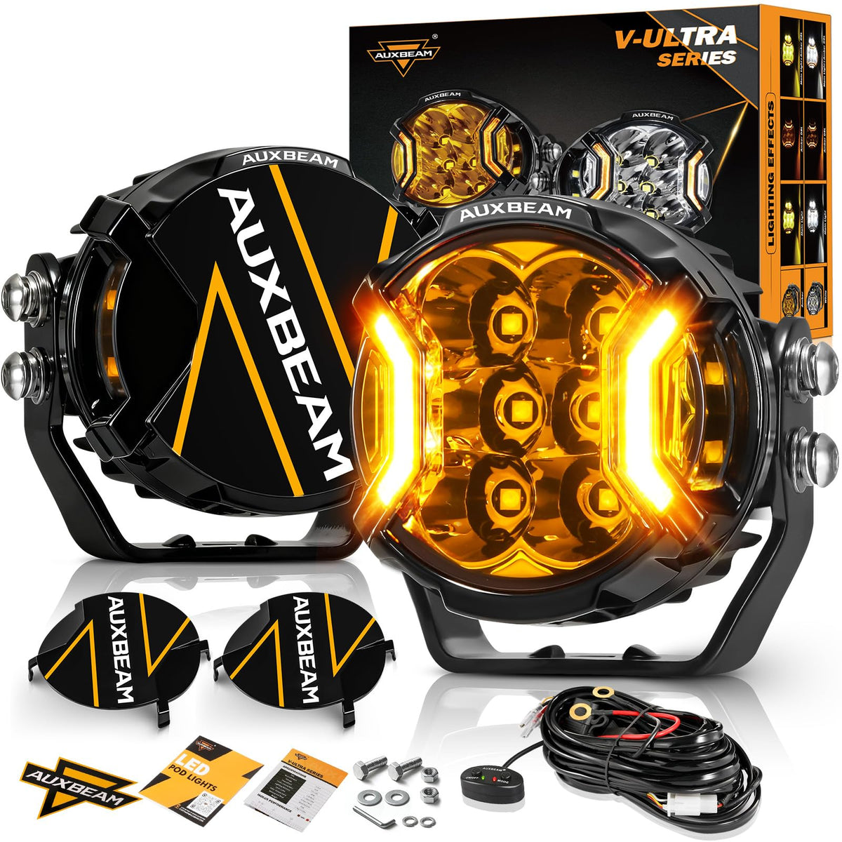 Auxbeam V-Ultra Series 3 Inch 108W LED Round Pods, 3 Modes Offroad Driving Side Shooter Light with Amber DRL, 270 Ultra-Wide Amb