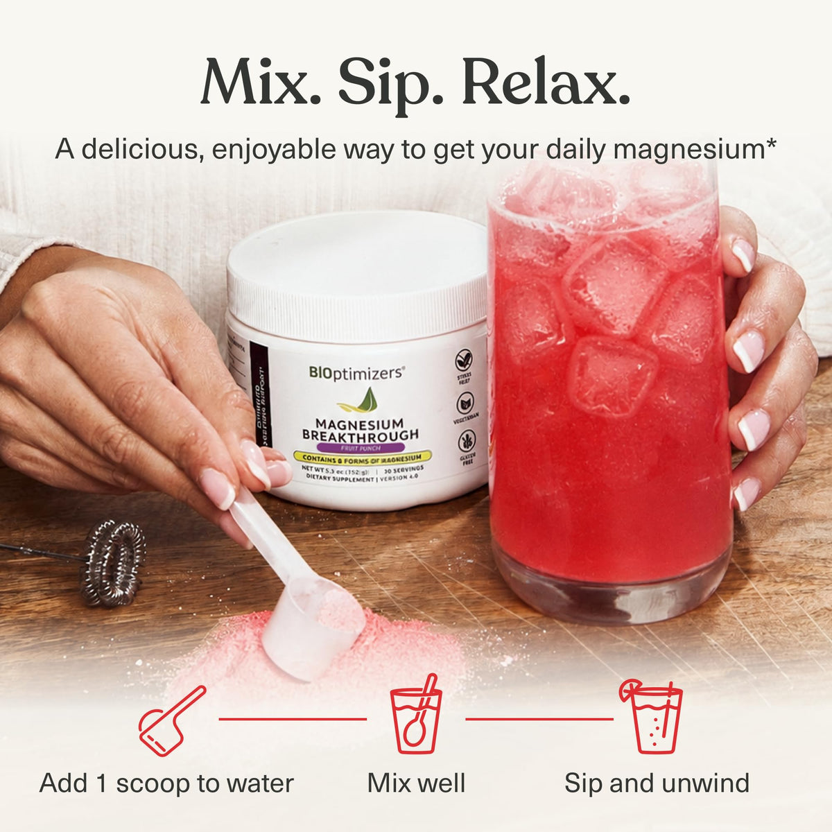 BIOptimizers Magnesium Breakthrough Drink - 8 Forms of Magnesium, Electrolytes, Sleep Health, Stress, Muscle Recovery, Heart Support | Glycinate, Citrate, Malate - Fruit Punch