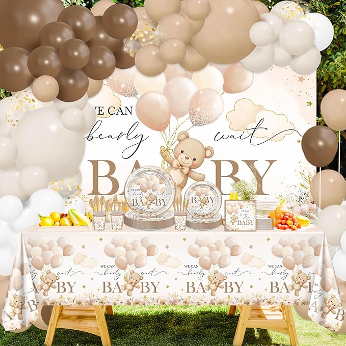 270 Pcs We Can Bearly Wait Baby Shower Decorations: Bear Baby Shower Banner Balloons Disposable Bear Themed Plates and Napkins Cups Tablecloth, Serve 24