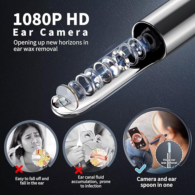 Ear Wax Removal, Ear Cleaner with Camera and Light, Ear Wax Removal Kit with 8 Pcs Set, Ear Wax Removal Tool Camera with 1080P, Ear Cleaning Kit with 6 Spoons, Ear Camera for iOS & Android (Blue)