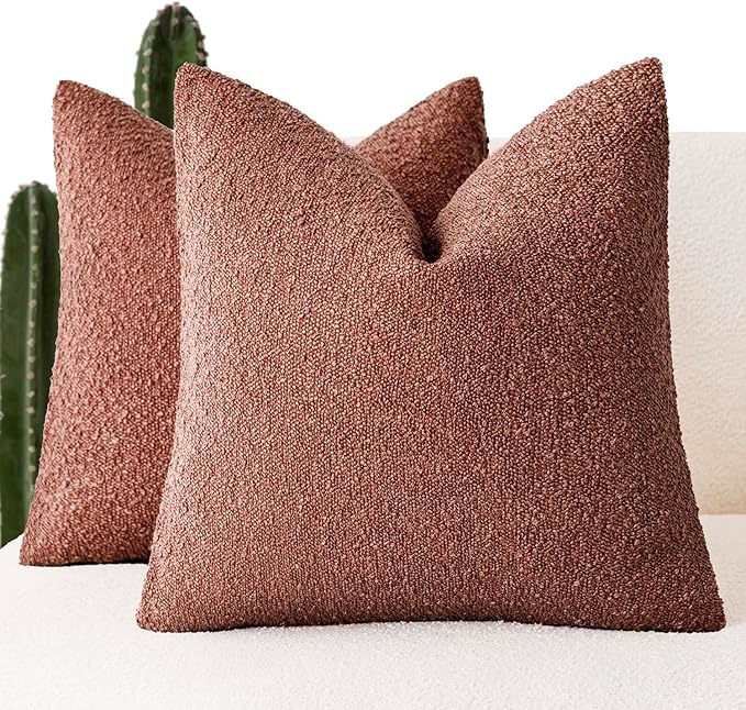 Foindtower Set of 2, Decorative Textured Boucle Throw Pillow Covers Accent Solid Pillow Cases Neutral Cozy Couch Cushion Case for Chair Sofa Bedroom Living Room Home Decor 26x26 Inch Orange Rust Red