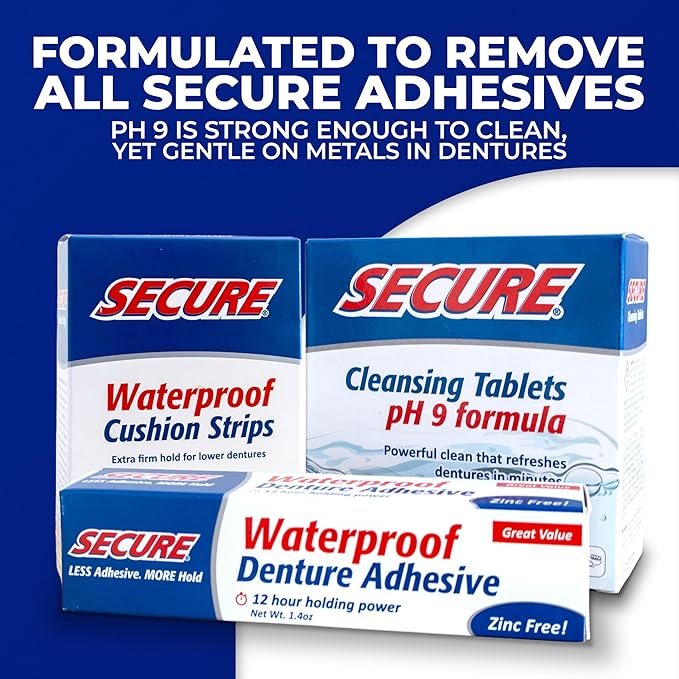 Secure Denture Adhesive Strips – Zinc Free – Waterproof – Comfortable Cushion Fit for Lowers – Extra Firm All-Day-Hold – No Mess – Clean Ingredients – 60 Strips (4 Pack)