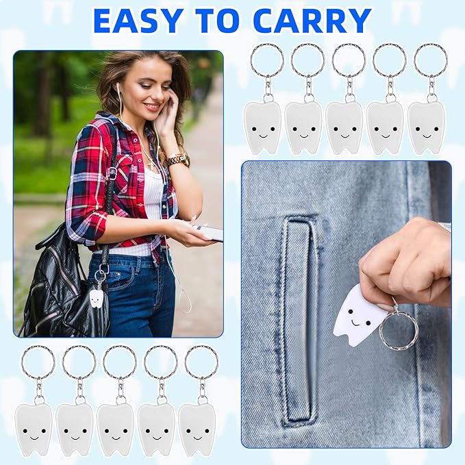 Landical 96 Pcs Mini Dental Floss Keychain Bulk Tooth Shaped Portable Teeth Floss Cleaning for Homeless Party Favors Travel Donated Gifts Teeth Cleaning Oral Care Mint Flavor 15 M /16. 4 Yard