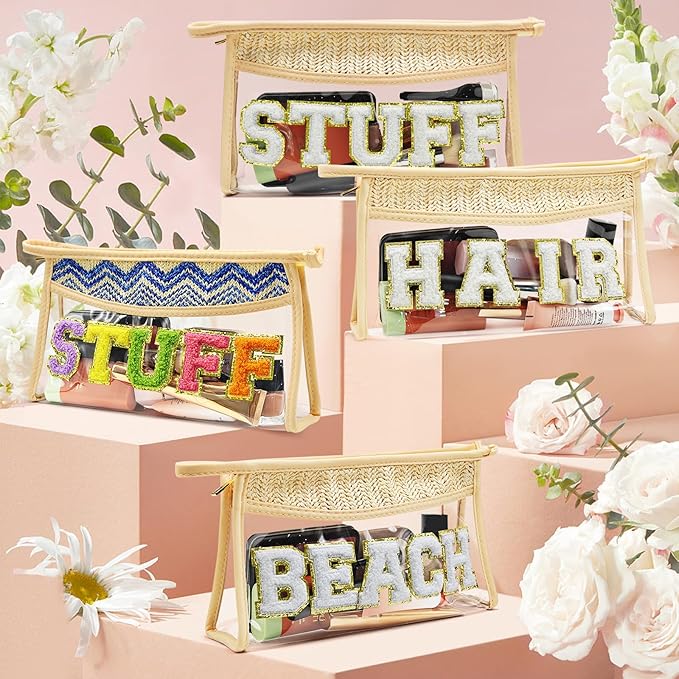Boho Hand-woven Makeup Bag, Chenille Letter Patch Clear Travel Pouch, Rattan Straw Bag Clear Cosmetic Sunscreen Bags, Women Summer Retro Travel Beach Bag Beach Essentials (Boho_Beige-Beach)