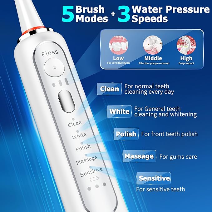 Electric Toothbrush with Water Flosser, Advanced 2.0 Flossing Toothbrush Combo in One with 5 Brush Modes & 3 Floss Speeds,500 ML Cordless,for Adults,Teeth, Gums, Braces, Dental Care,White